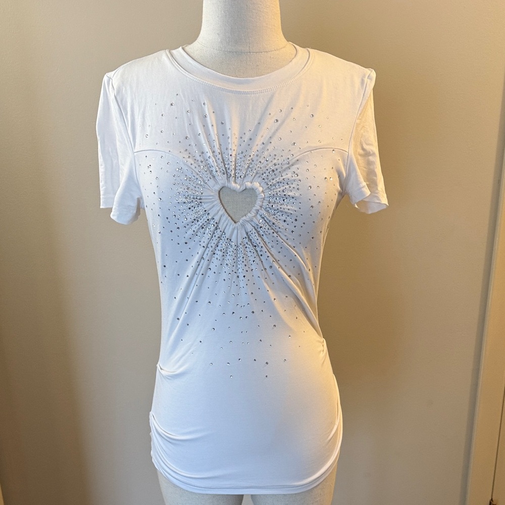 Women's White Short-Sleeve Heart Cutout Tee with Rhinestone Detail